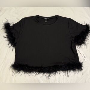 Aqua Black Feather Trim Crop Top